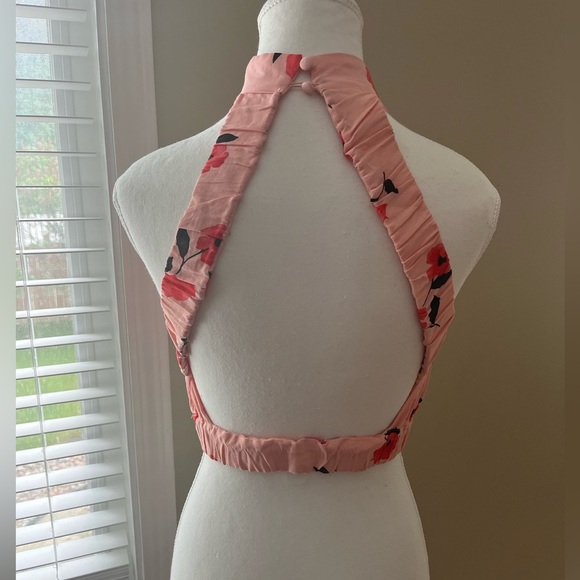 [XS]Zara Crop Top Coral Floral Print Linen-Blend Halter Neck - Picture 5 of 8